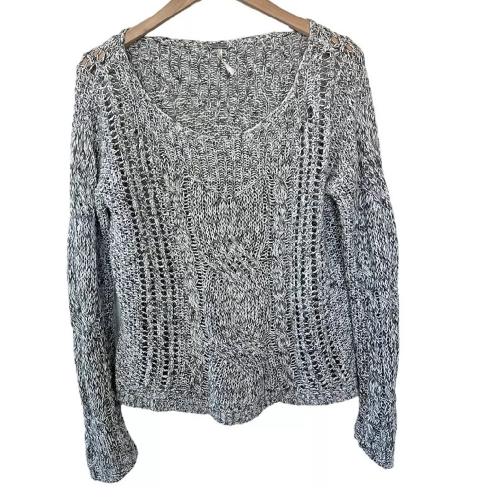 Free People Linen Wool Alpaca Blend Open Weave Marled Gray Pullover Sweater - Picture 7 of 12